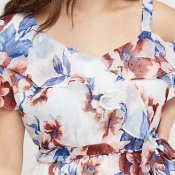 Lane Bryant Plus size 30 Midi Floral Ruffle Layered Tie Back White Blue Dots - Picture 3 of 8